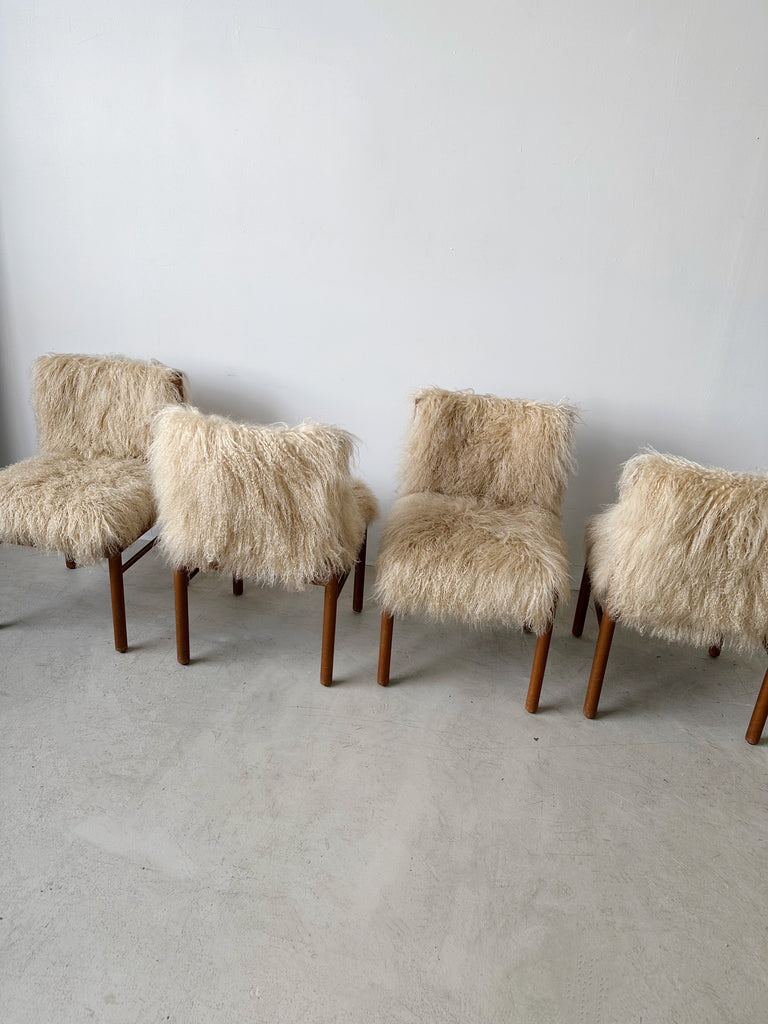 TEAK & MONGOLIAN LAMB FUR DINING CHAIRS, SET OF 4