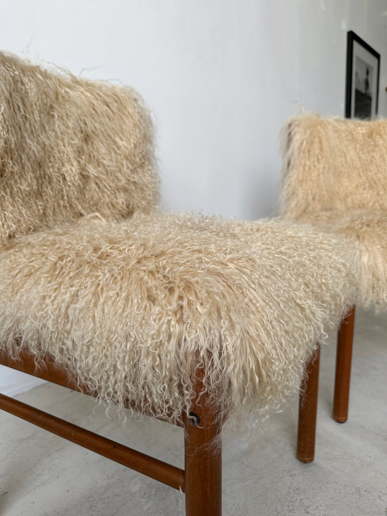 TEAK & MONGOLIAN LAMB FUR DINING CHAIRS, SET OF 4