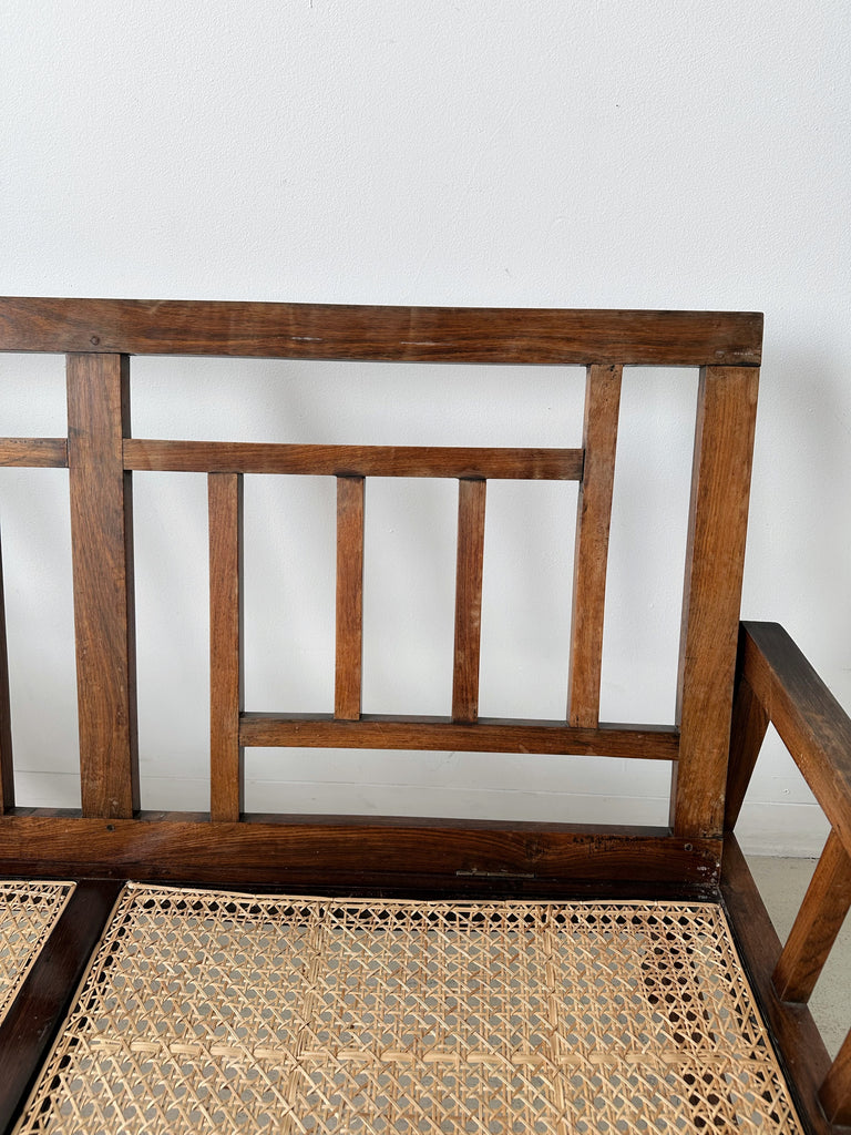 ANTIQUE ARTS AND CRAFTS WOOD & CANE BENCH WITH STRIPED SEAT CUSHION