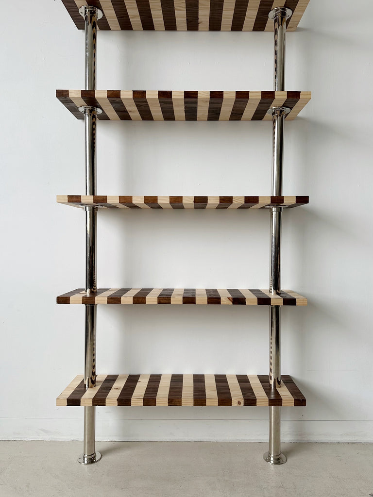 CHROME PIPE & STRIPED WOOD WALL MOUNT BOOKSHELF