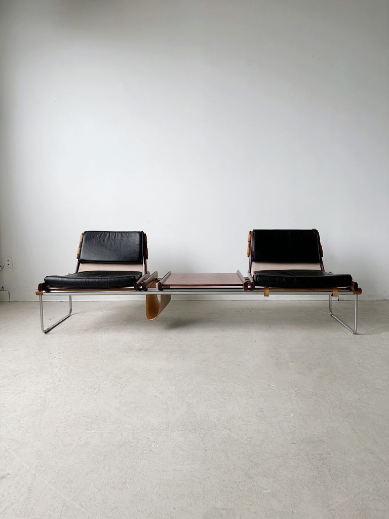 JACARANDA & BLACK LEATHER MP-123 MODULAR TWO SEAT BENCH BY PERCIVAL LAFER, 60's