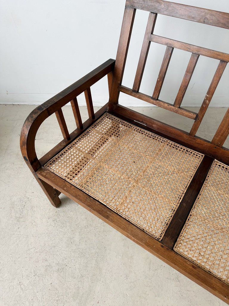 ANTIQUE ARTS AND CRAFTS WOOD & CANE BENCH WITH STRIPED SEAT CUSHION