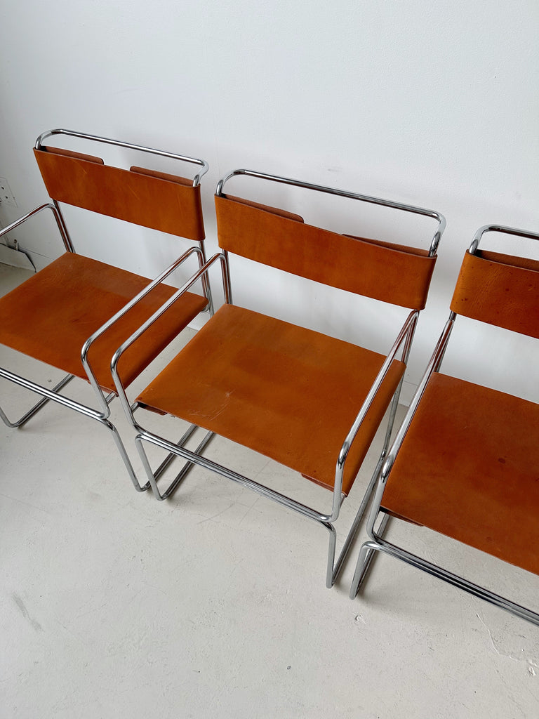 TAN LEATHER LIBELLULA CHAIRS BY GIOVANNI CARINI FOR PLANULA, 70's