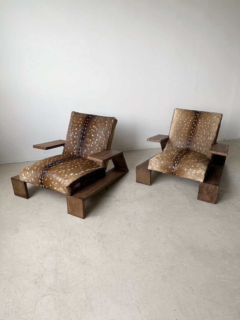 OAK & DEER HIDE ELEPHANT ARMCHAIRS ATTRIBUTED TO JEAN-MICHEL FRANK, 40's