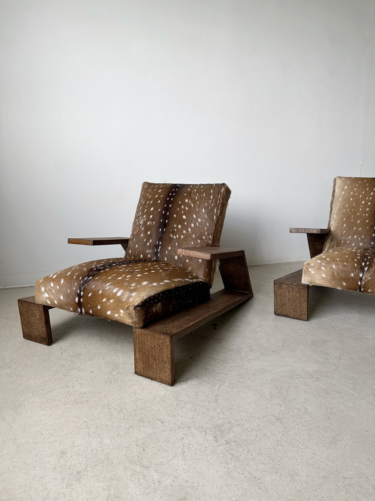 OAK & DEER HIDE ELEPHANT ARMCHAIRS ATTRIBUTED TO JEAN-MICHEL FRANK, 40's
