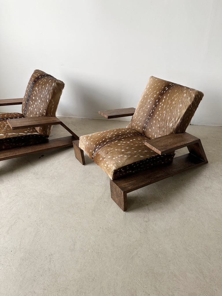 OAK & DEER HIDE ELEPHANT ARMCHAIRS ATTRIBUTED TO JEAN-MICHEL FRANK, 40's
