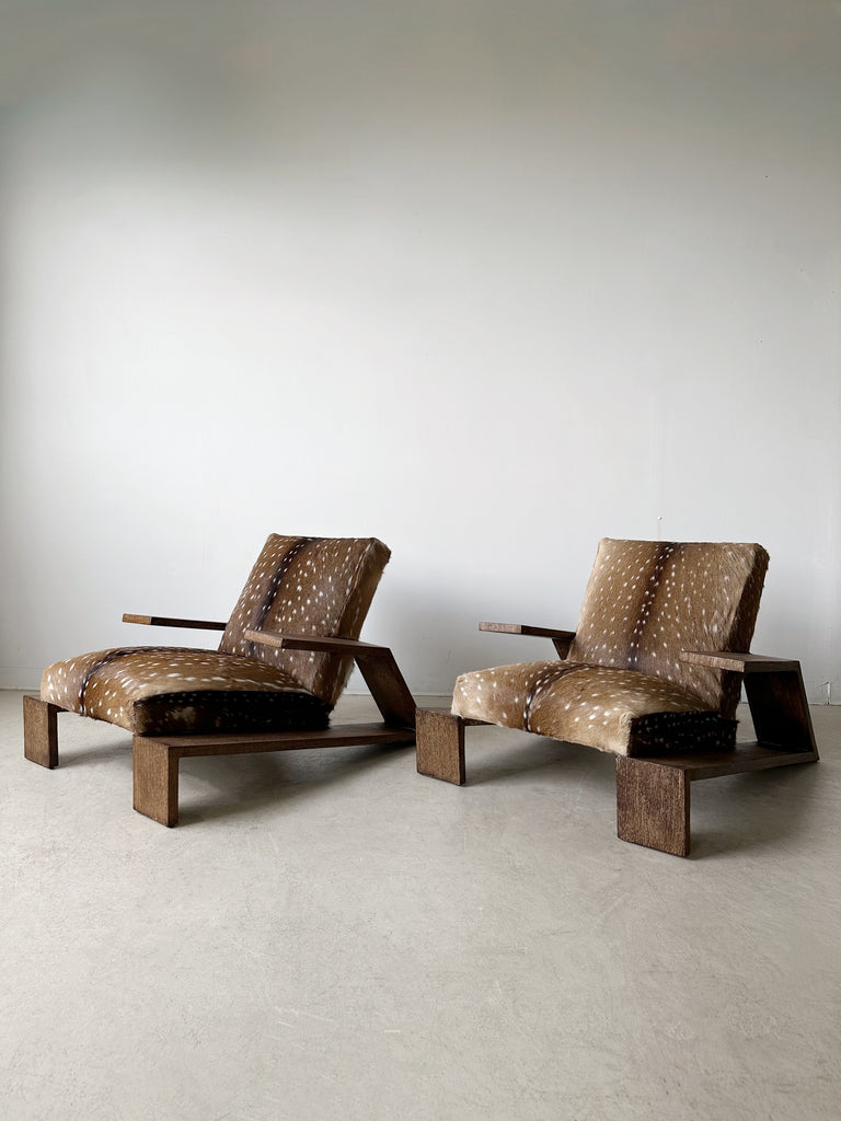 OAK & DEER HIDE ELEPHANT ARMCHAIRS ATTRIBUTED TO JEAN-MICHEL FRANK, 40's
