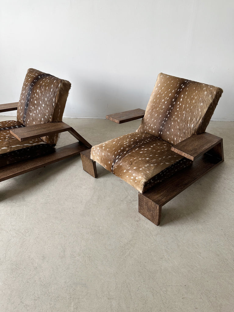 OAK & DEER HIDE ELEPHANT ARMCHAIRS ATTRIBUTED TO JEAN-MICHEL FRANK, 40's