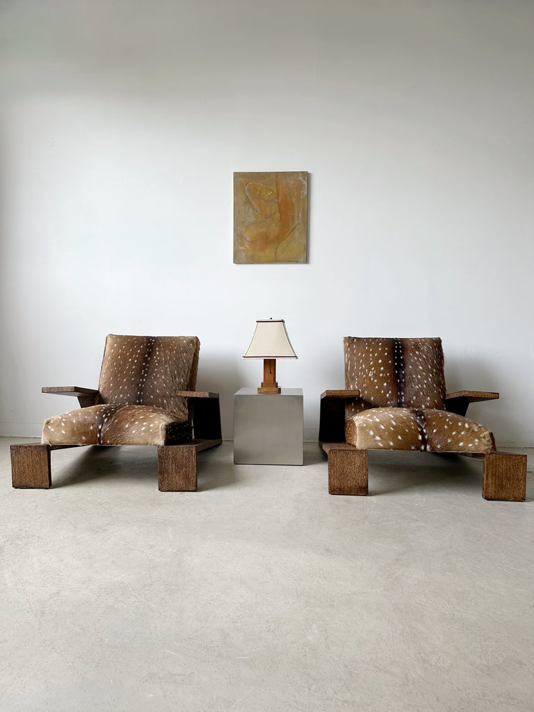 OAK & DEER HIDE ELEPHANT ARMCHAIRS ATTRIBUTED TO JEAN-MICHEL FRANK, 40's