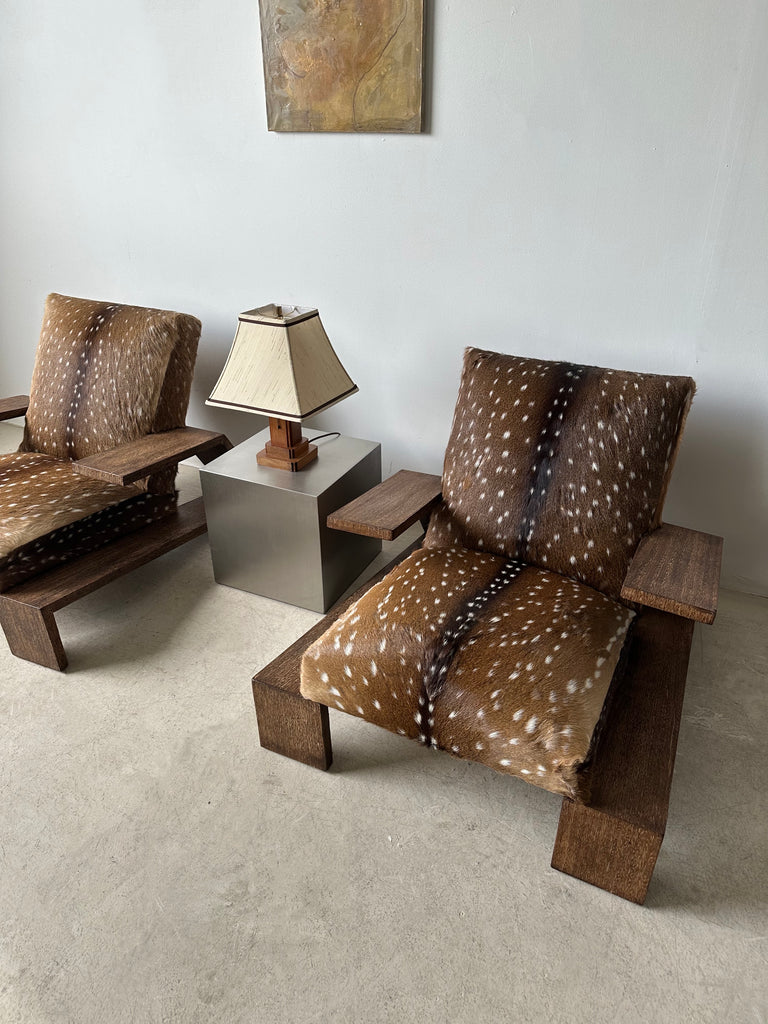 OAK & DEER HIDE ELEPHANT ARMCHAIRS ATTRIBUTED TO JEAN-MICHEL FRANK, 40's