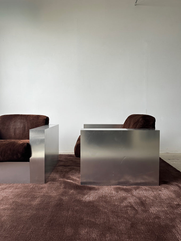 STEEL LAMINATE & BROWN SUEDE ARMCHAIRS BY THAYER COGGIN, 70's