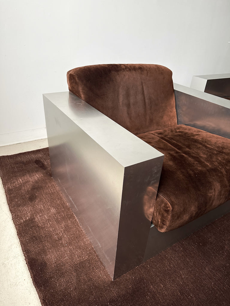 STEEL LAMINATE & BROWN SUEDE ARMCHAIRS BY THAYER COGGIN, 70's