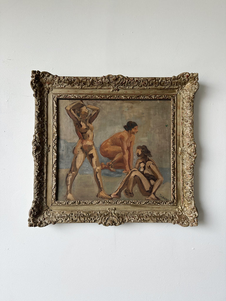 MODERNIST FEMALE NUDE FRAMED OIL PAINTING BY DELANG, 24x23