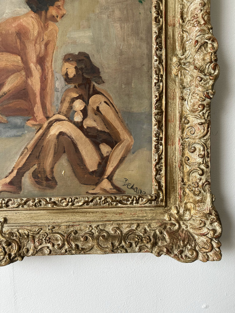 MODERNIST FEMALE NUDE FRAMED OIL PAINTING BY DELANG, 24x23