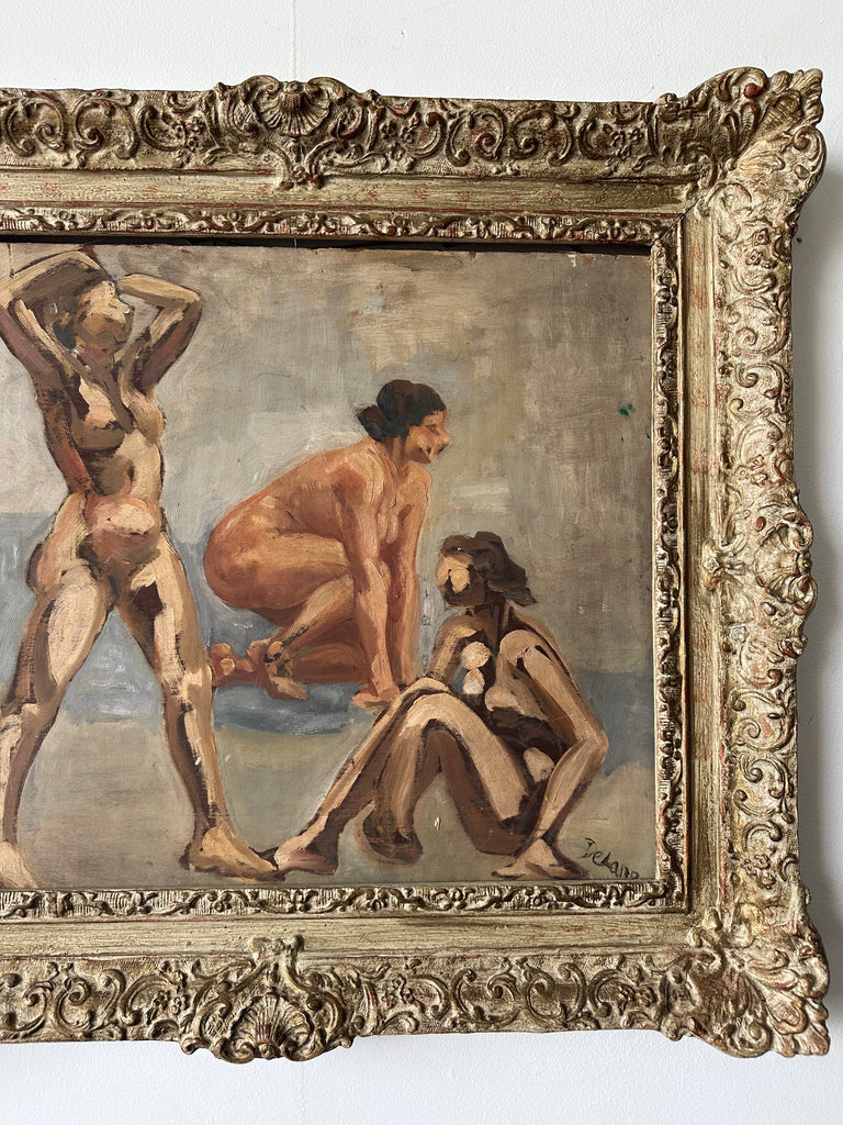 MODERNIST FEMALE NUDE FRAMED OIL PAINTING BY DELANG, 24x23