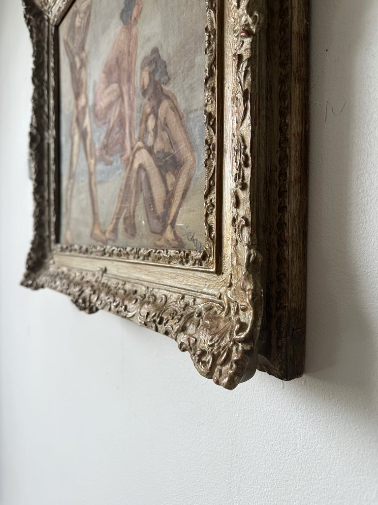 MODERNIST FEMALE NUDE FRAMED OIL PAINTING BY DELANG, 24x23