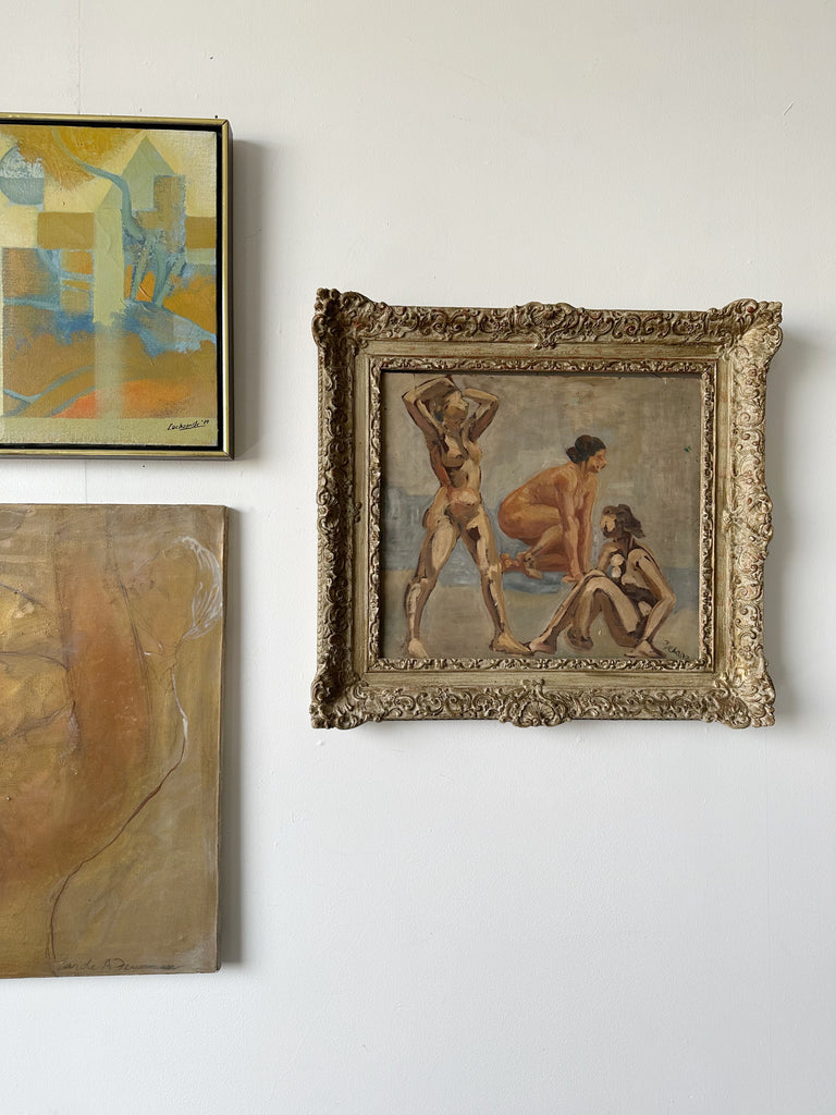MODERNIST FEMALE NUDE FRAMED OIL PAINTING BY DELANG, 24x23
