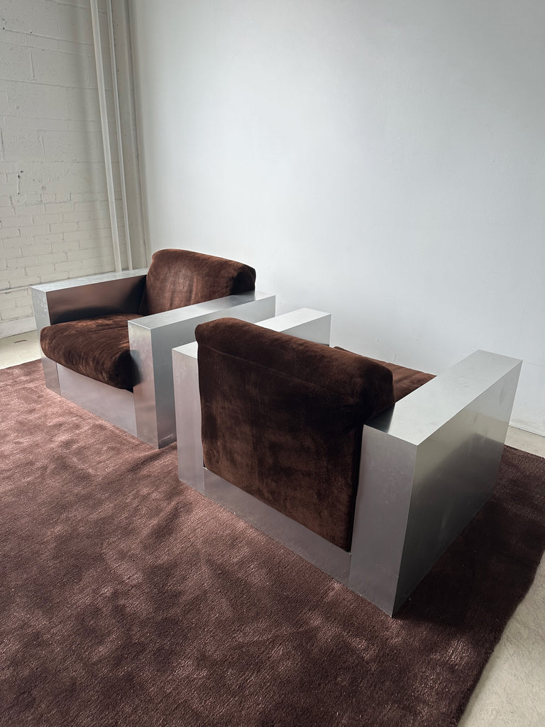 STEEL LAMINATE & BROWN SUEDE ARMCHAIRS BY THAYER COGGIN, 70's
