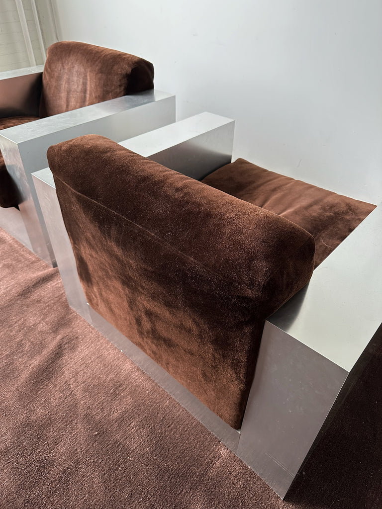 STEEL LAMINATE & BROWN SUEDE ARMCHAIRS BY THAYER COGGIN, 70's