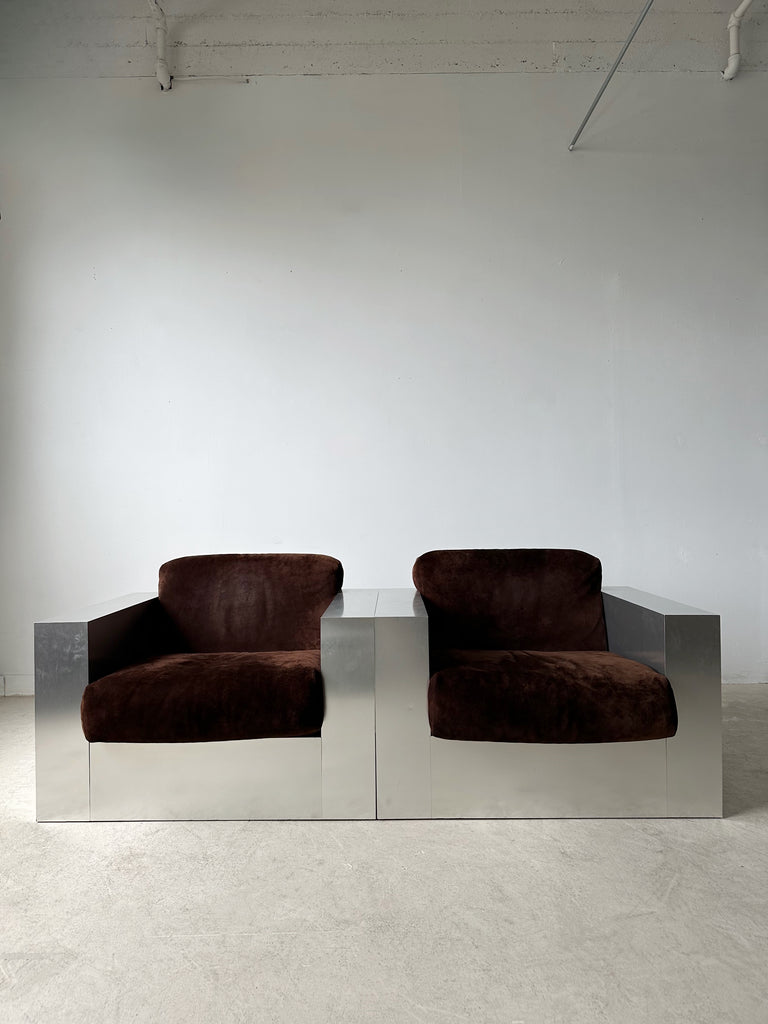 STEEL LAMINATE & BROWN SUEDE ARMCHAIRS BY THAYER COGGIN, 70's