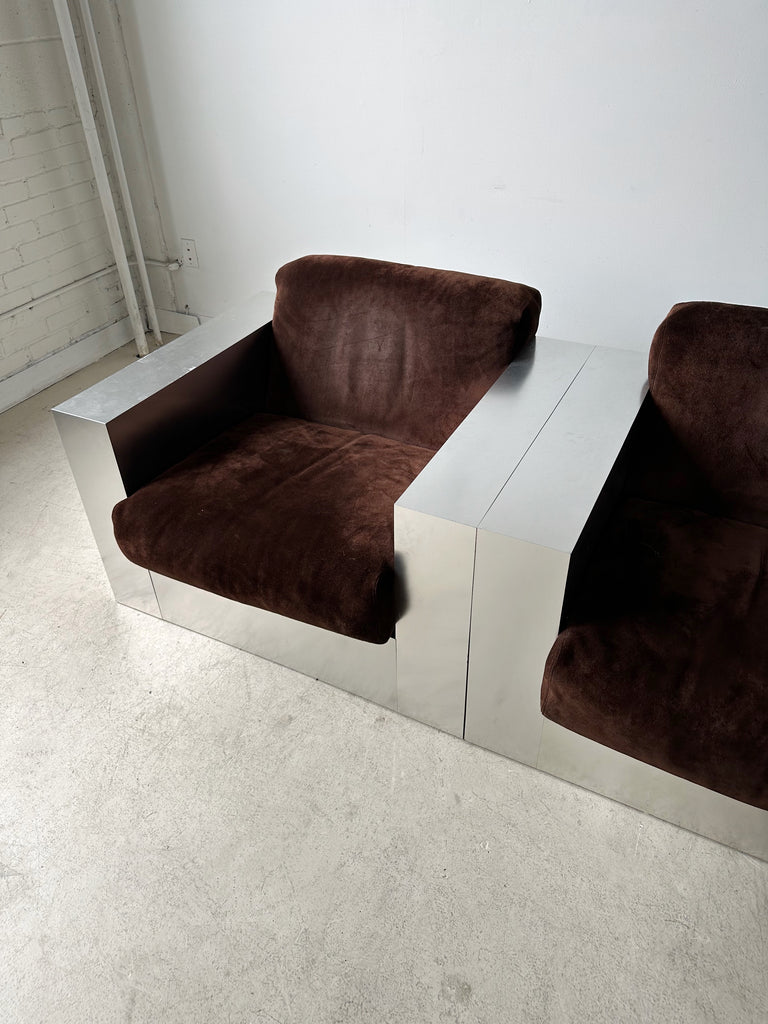 STEEL LAMINATE & BROWN SUEDE ARMCHAIRS BY THAYER COGGIN, 70's