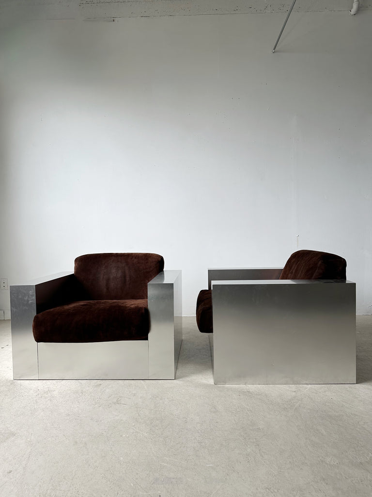 STEEL LAMINATE & BROWN SUEDE ARMCHAIRS BY THAYER COGGIN, 70's