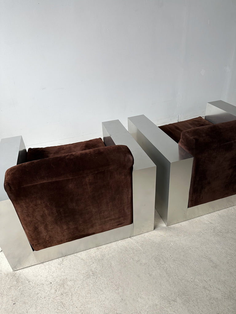 STEEL LAMINATE & BROWN SUEDE ARMCHAIRS BY THAYER COGGIN, 70's