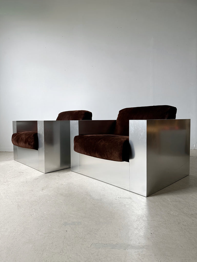 STEEL LAMINATE & BROWN SUEDE ARMCHAIRS BY THAYER COGGIN, 70's