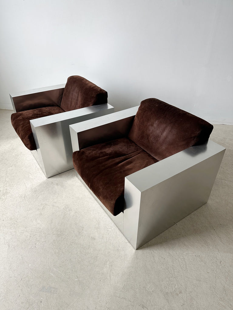 STEEL LAMINATE & BROWN SUEDE ARMCHAIRS BY THAYER COGGIN, 70's