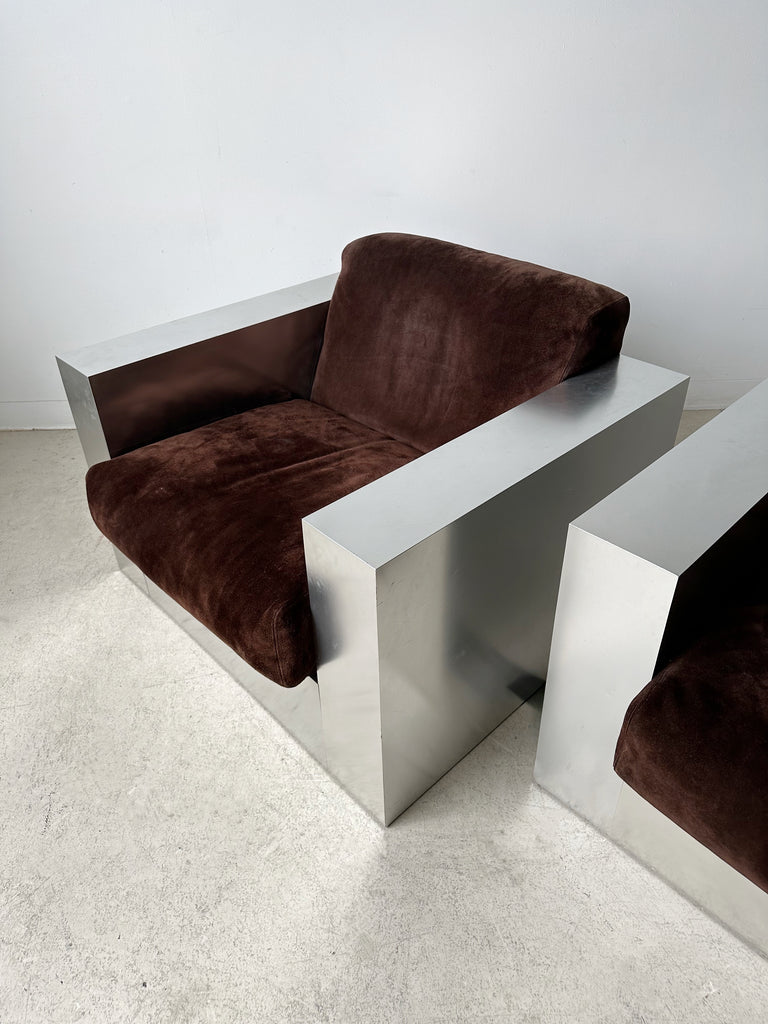 STEEL LAMINATE & BROWN SUEDE ARMCHAIRS BY THAYER COGGIN, 70's