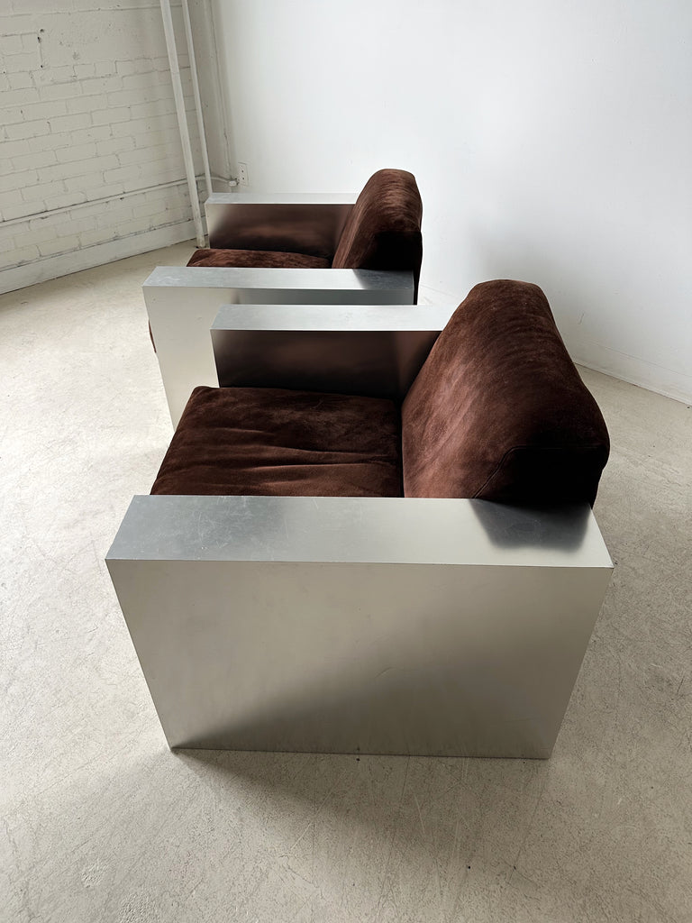 STEEL LAMINATE & BROWN SUEDE ARMCHAIRS BY THAYER COGGIN, 70's