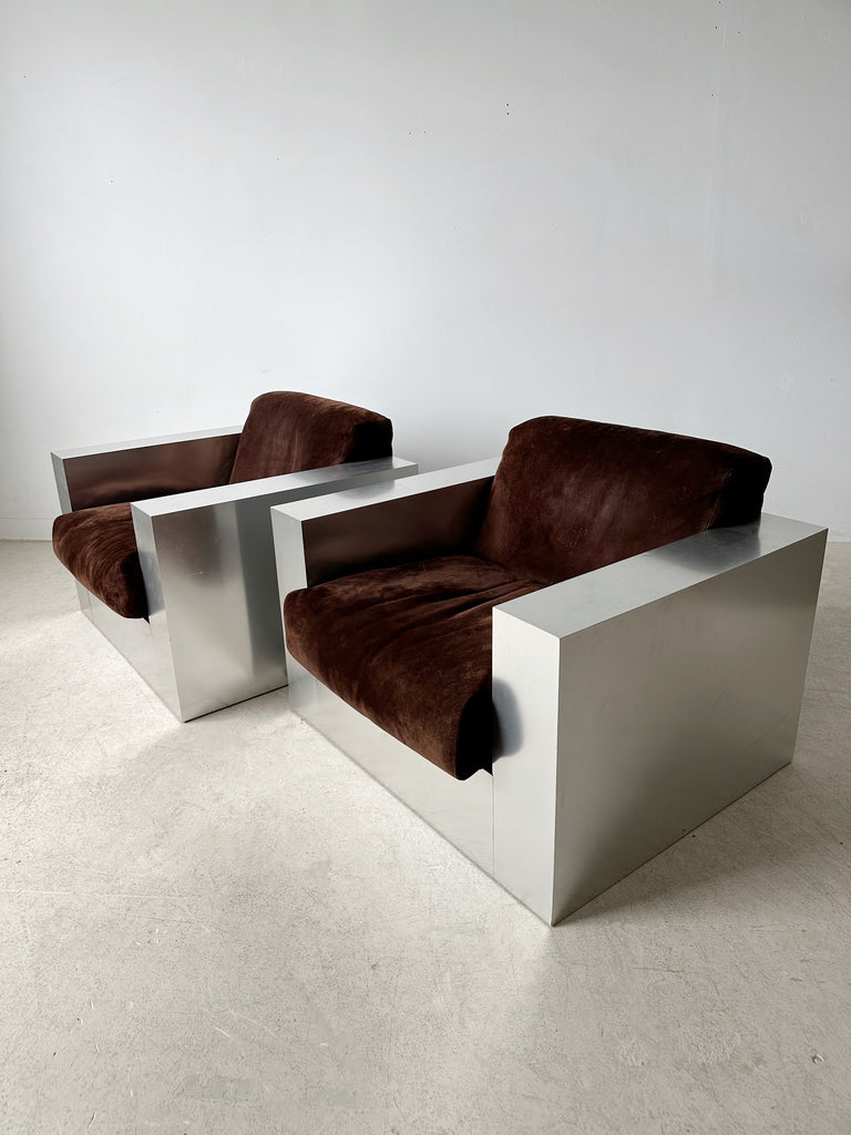 STEEL LAMINATE & BROWN SUEDE ARMCHAIRS BY THAYER COGGIN, 70's