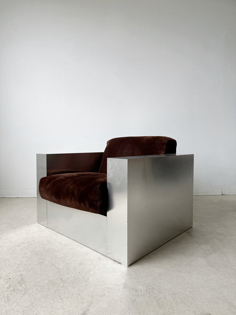 STEEL LAMINATE & BROWN SUEDE ARMCHAIRS BY THAYER COGGIN, 70's