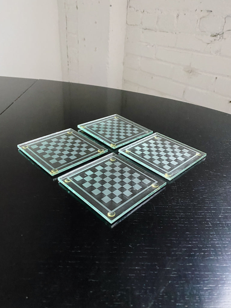 CLEAR CHECKERED GLASS COASTERS, SET OF 4