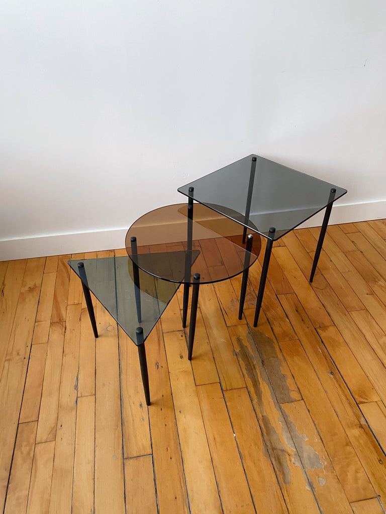 SET OF 3 GEOMETRIC GLASS SIDE TABLES
