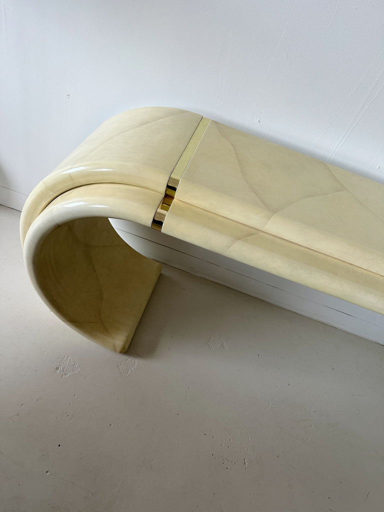 LACQUERED SCROLL CONSOLE TABLE IN THE STYLE OF KARL SPRINGER