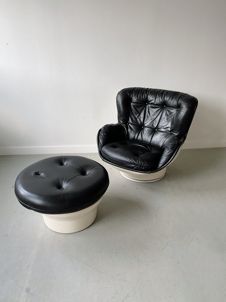 FIBERGLASS & BLACK LEATHER KARATE ARMCHAIR & FOOTREST BY MICHEL CADESTIN FOR AIRBORNE, 70'S