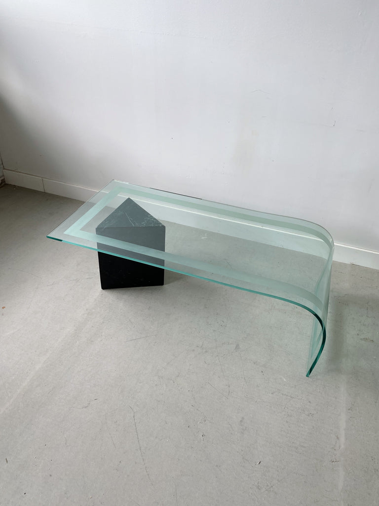 BENT GLASS WATERFALL COFFEE TABLE WITH MARBLE BASE