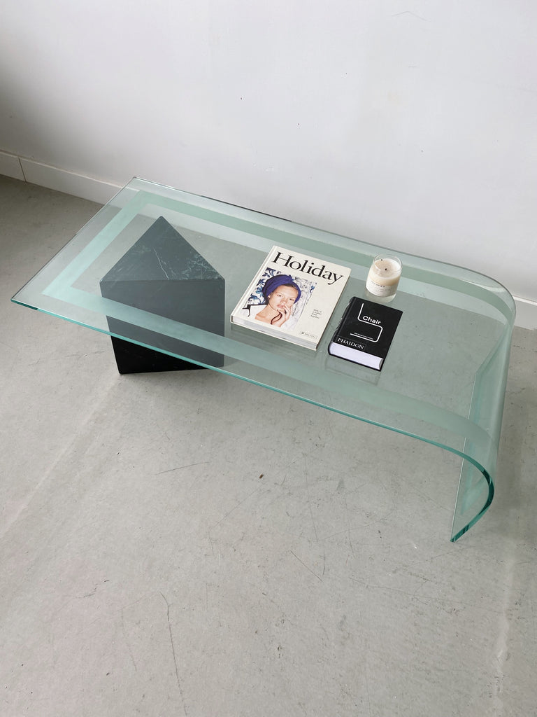BENT GLASS WATERFALL COFFEE TABLE WITH MARBLE BASE