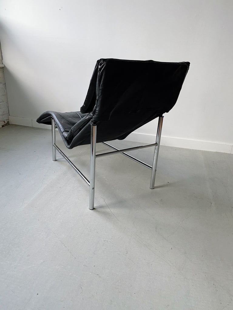 BLACK LEATHER & CHROME SKYE LOUNGE CHAIR BY TORD BJORKLUND FOR IKEA, 80'S