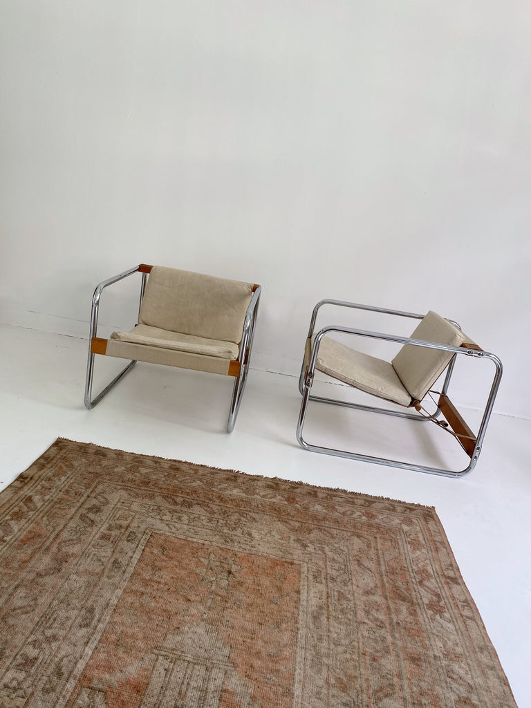CHROME & WOOD HABITAT GARDEN CHAIRS BY MICHEL DALLAIRE, 70's