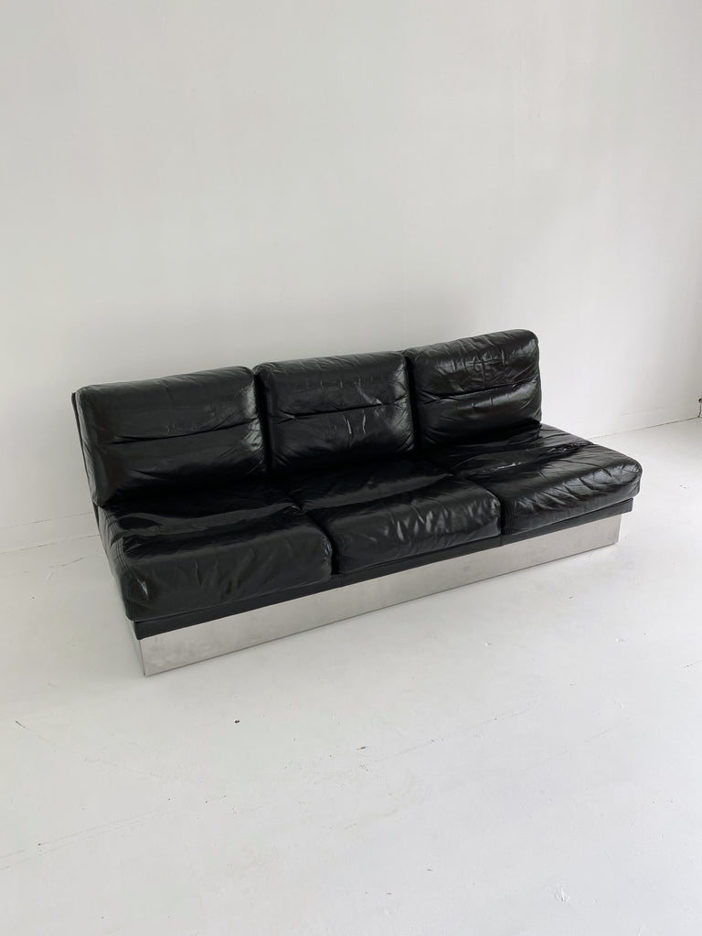 JACQUES CHARPENTIER SPACE AGE BLACK LEATHER & STEEL SOFA, 70's