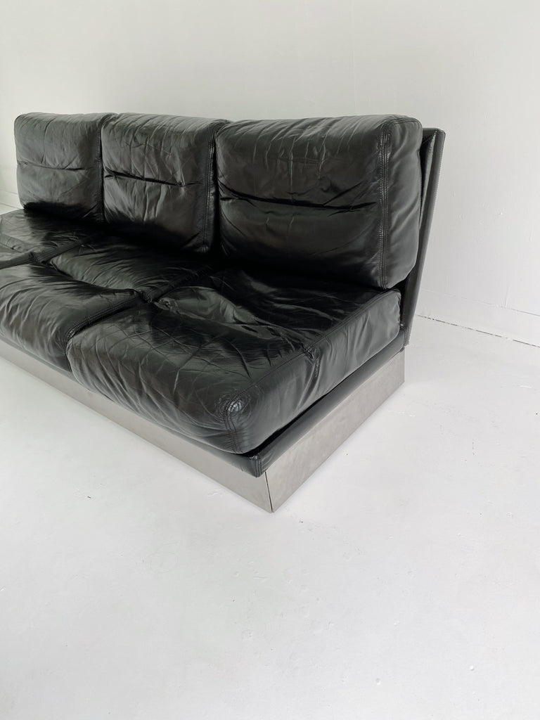 JACQUES CHARPENTIER SPACE AGE BLACK LEATHER & STEEL SOFA, 70's
