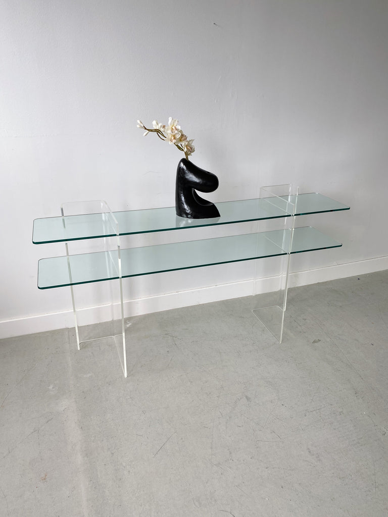 LUCITE & GLASS CONSOLE TABLE, 80's