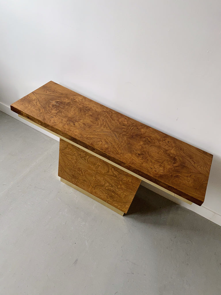 BURL CONSOLE TABLE WITH BRASS ACCENTS