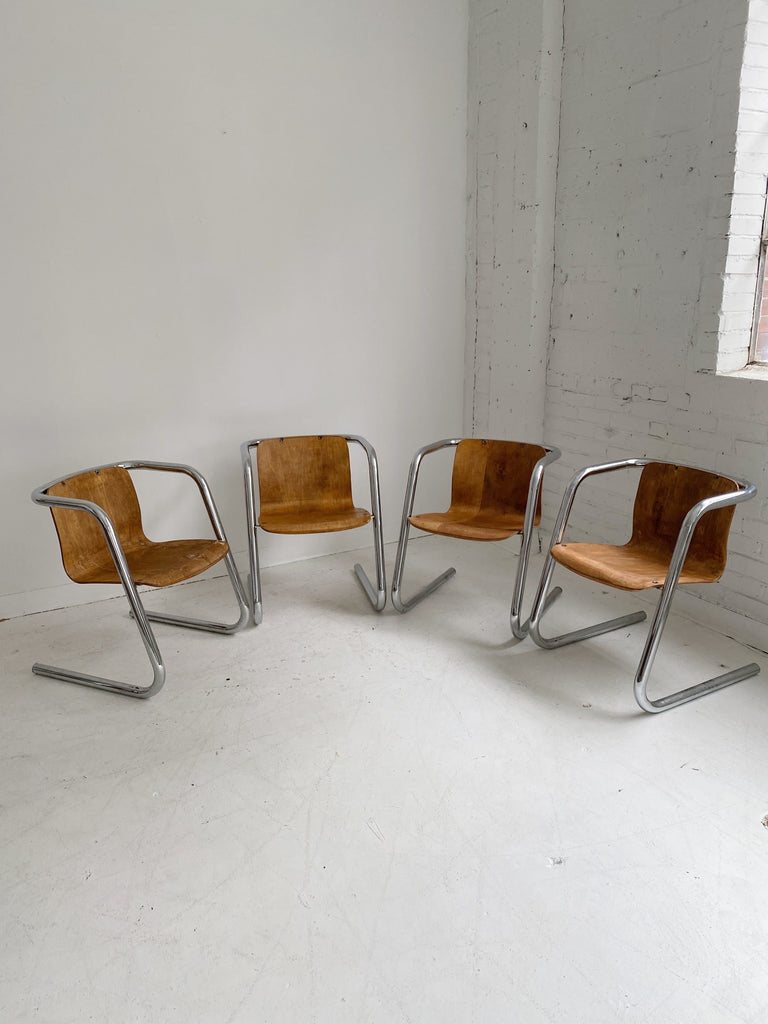 PLYWOOD CANTILEVER CHAIRS WITH TUBULAR CHROME FRAME, 70's