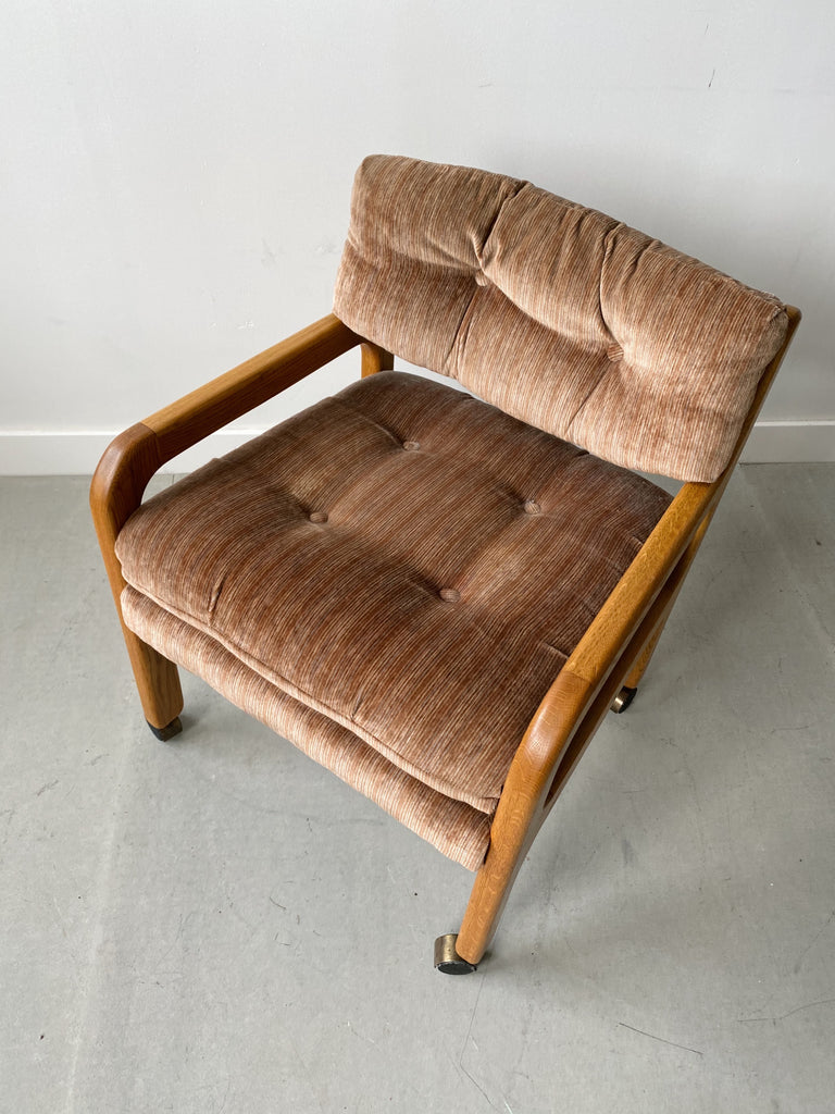 MID CENTURY WOODEN VELVET CHAIRS WITH WHEELS