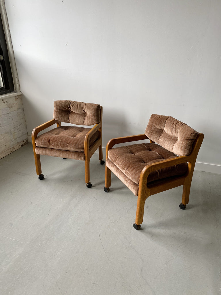 MID CENTURY WOODEN VELVET CHAIRS WITH WHEELS