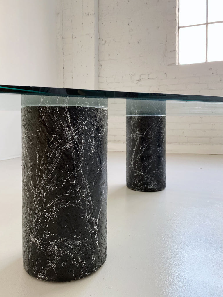 FAUX MARBLE CYLINDER COFFEE TABLE WITH TRIANGLE GLASS TOP