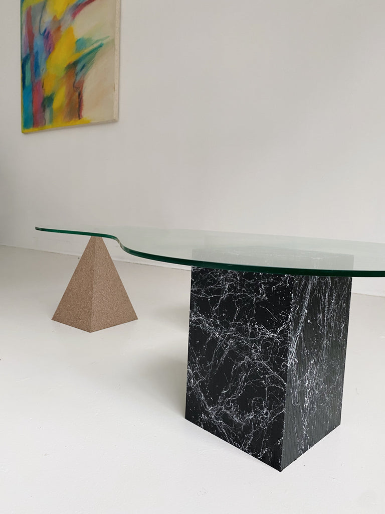 GEOMETRIC FAUX STONE COFFEE TABLE WITH BEAN GLASS TOP